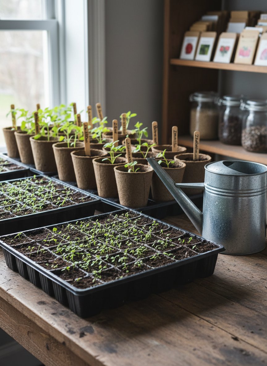 An organized seed-starting station on a rustic wooden workbench, featuring dense trays of tiny green seedlings emerging from rich, dark soil blocks. Sturdy biodegradable fiber pots, labeled with handwritten wooden tags, form neat rows. A galvanized metal watering can with a long spout sits nearby, droplets clinging to its surface. Overhead, diffused daylight from a nearby window creates even, cool-toned illumination, highlighting the tender leaves and casting faint shadows beneath each tray. The background gently blurs into shelves lined with saved seed envelopes and glass jars. Photographic realism with a slightly elevated angle, balanced composition, and a focused, optimistic mood, emphasizing practical preparation and methodical homestead planning.