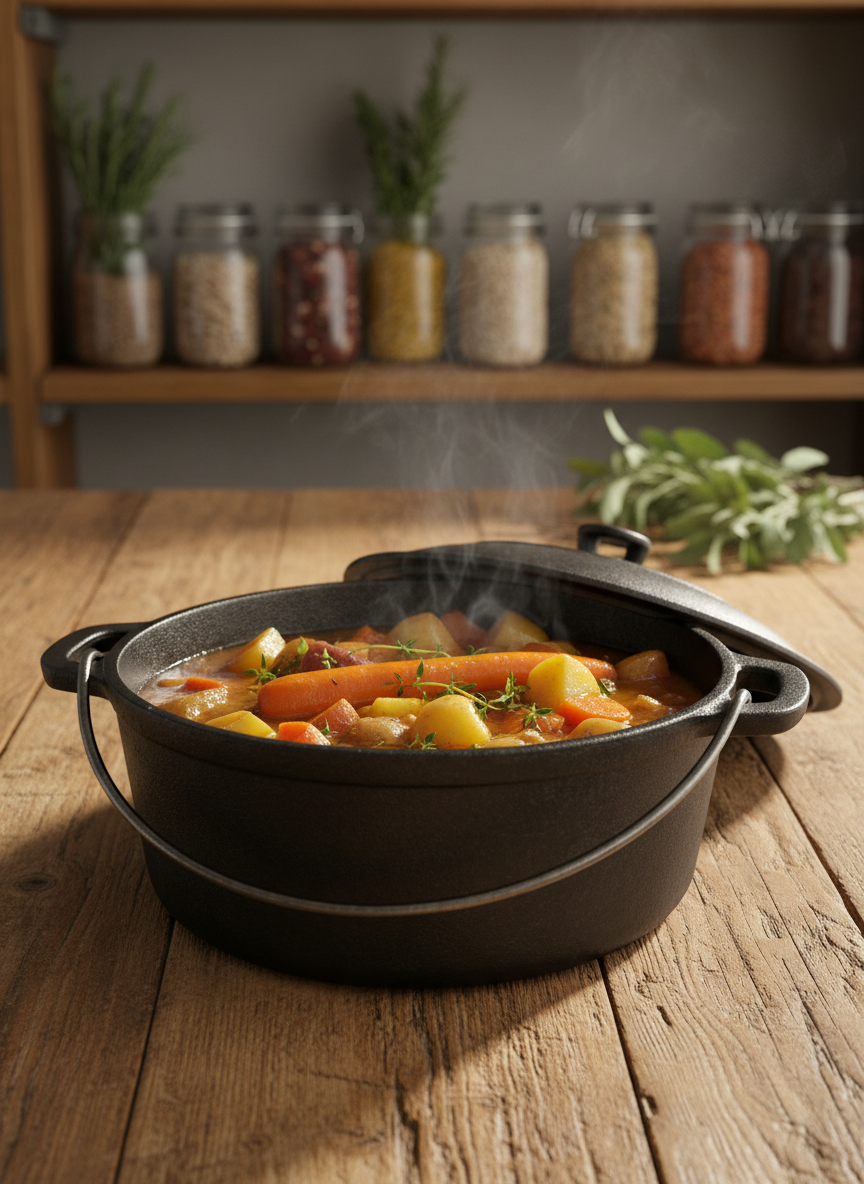 A sturdy cast-iron Dutch oven with a matte black finish and well-seasoned patina rests on a worn, honey-toned wooden farmhouse table. The lid is slightly ajar, revealing a hearty root vegetable stew with vibrant carrots, potatoes, and sprigs of fresh thyme releasing gentle steam. Soft afternoon natural light enters from an unseen window to the left, casting warm highlights on the iron’s curved handles and subtle shadows in the wood grain. In the softly blurred background, glass jars of dried beans and herbs line simple open shelving. Photographic realism, eye-level composition with a shallow depth of field, creating a calm, practical, and inviting atmosphere that embodies self-sufficient home cooking on the homestead.